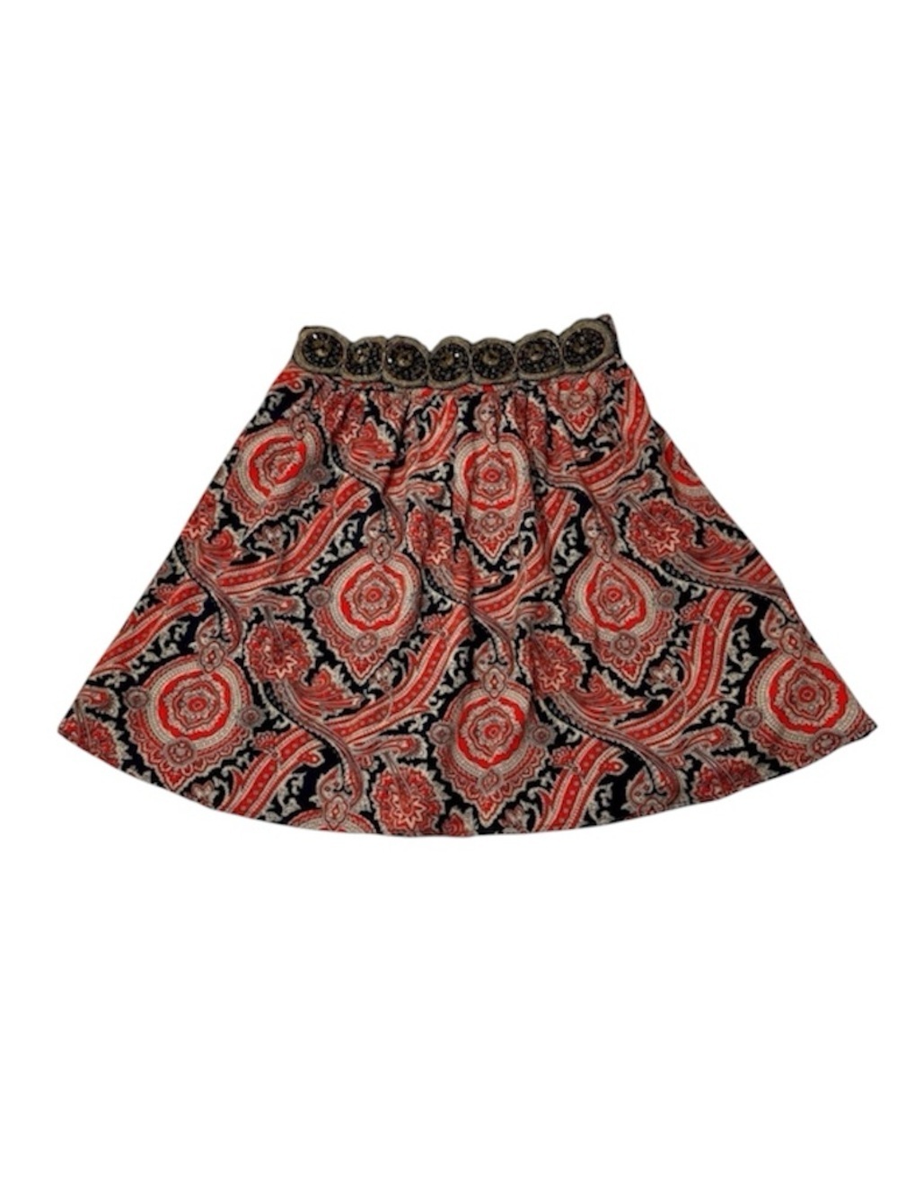 mi ami Francesca’s Boho Paisley Skater Skirt Embellished Waist Red Blue Small